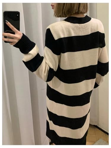 Image of MakeMeChic Women's Y2k Bow Sweaters Striped Crew Neck Long Sleeve Knit Oversized Sweater Pullover Top Black Large