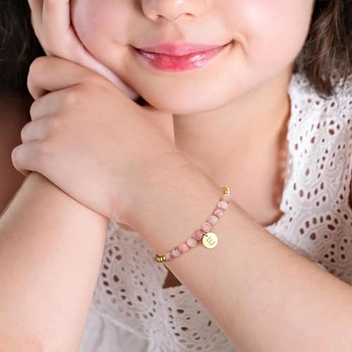 Ritach Initial Bracelets for Girls - Pink Zebra Natural Stone Bracelet Real Gold Plated Beaded Bracelets Adjustable Disc Initial Bracelets for Girls Kids Teen Girl Gifts4