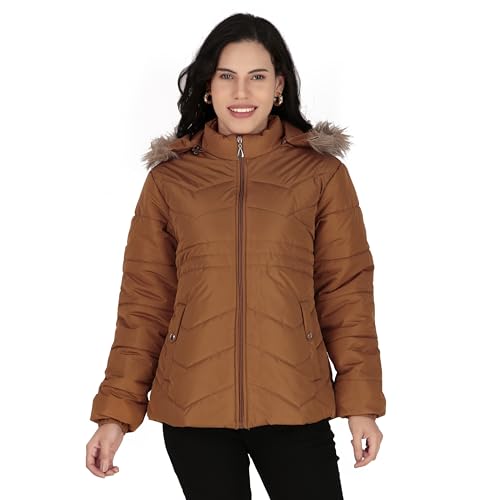 Image of Women's Cozy Puffer Stylish Jacket with Buttoned Pockets and Detachable Fur Hood