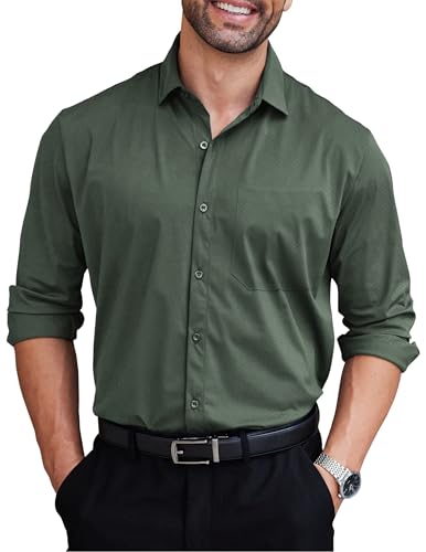 COOFANDY Button Up Shirts Long Sleeve Dress Shirts for Men Regular Fit Business Casual Shirt Dark Army Green