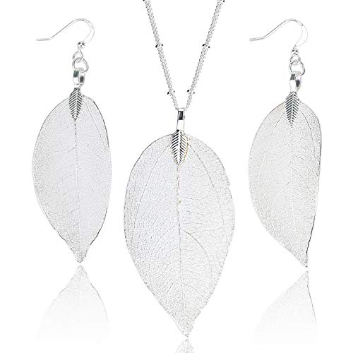 Dangle Bohemian Silver Long Leaf Pendant Necklace and Earring Set Cool Dainty Jewelry for Women Girls