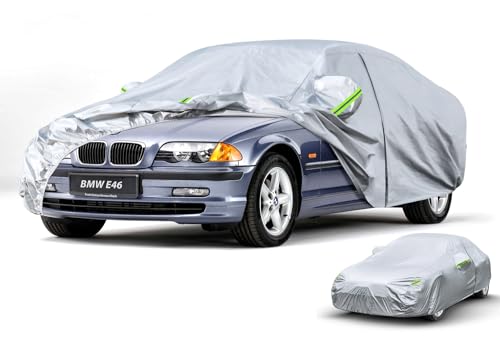 Image of Kaugung Car Cover Custom fit BMW 3 Series E46 (1998-2006), 6 Layers Windproof All Weather Waterproof Outdoor Cover Sun Rain UV Dust Snow Protection. Silver