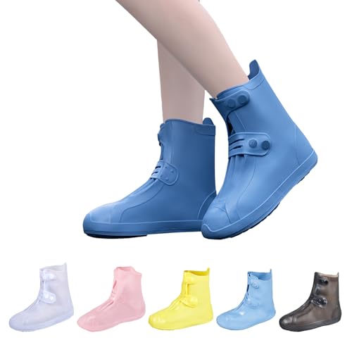 Dream Apparel Waterproof Rain Shoe Covers for Women Men, Non-Slip Reusable Foldable Boot Covers Rainproof Overshoes Over Shoes Galoshes (Blue, Size 2XL)