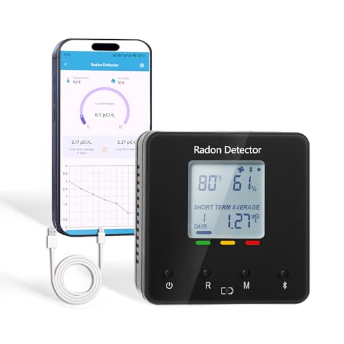 Bluetooth Radon Detector for Home, Portable Radon Tester with Real Time Gas Concentration, Temp & Humidity Monitoring, App Alerts, Detect Hidden Risks and Breathe with Confidence, Black