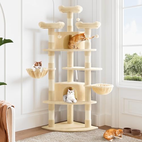 Image of Allewie 73in Fan-Shaped Space-Saving Corner Cat Tower /Multi-Level Tall Cat Tree for Indoor Kitties /Cozy Baskets /Condos /House /Perches /Sisal Scratching Posts /Pet Activity Center /Beige