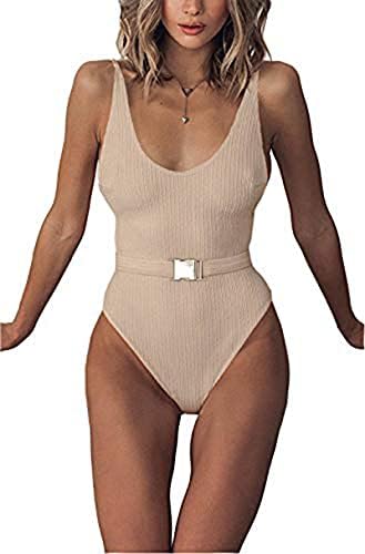 FEIYOUNG Sexy Womens Monokini Scoop Neck One Piece Backless Cheeky Swimwear Semi Thong Bikini with Belt