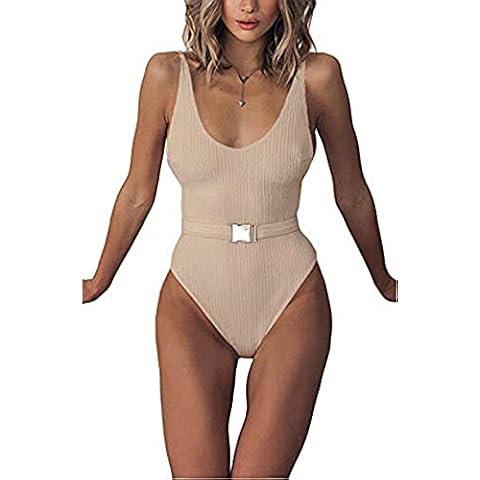 FEIYOUNG Sexy Womens Monokini Scoop Neck One Piece Backless Cheeky Swimwear Semi Thong Bikini with Belt Cover