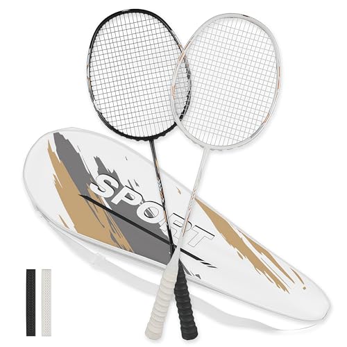 Image of Badminton Rackets Set, Professional Badminton Racquets Lightweight (4U), 4-Pack /2-Pack Carbon Fiber, 3 Feather Shuttlecocks, with Protect Case & Overgrip, for Beginners, Advanced Players
