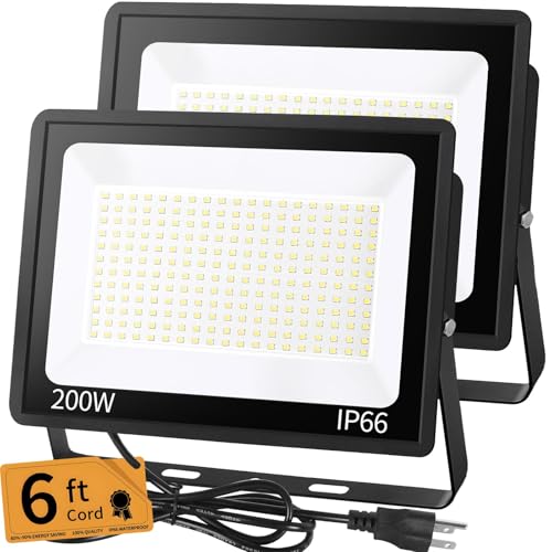 YAYIT 200W LED Flood Light Outdoor with 6ft Plug, 24000LM Brighter Exterior Security Lights, 5000K Daylight LED Work Light, IP66 Waterproof for Yard, Garage, Stadium, Lawn, 2 Pack