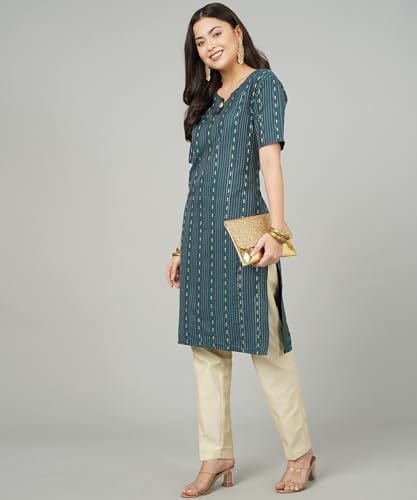 Image of Cotton Dobby Woven Design V- Neck Elbow Sleeves Knee Length Kurta for Women's