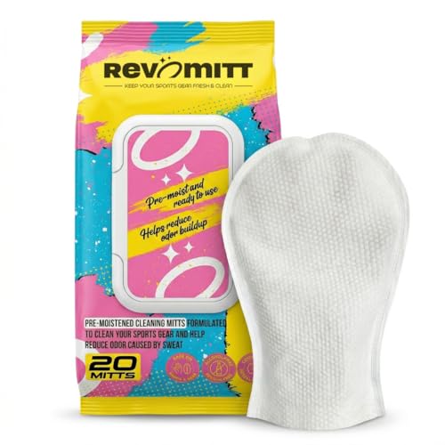 RevoMitt Sports Gear Cleaning & Deodorizing Mitts Pre-Moistened for Boxing Gloves Yoga Mats Cleats Helmets Pads Running Shoes & much more - 20 Count
