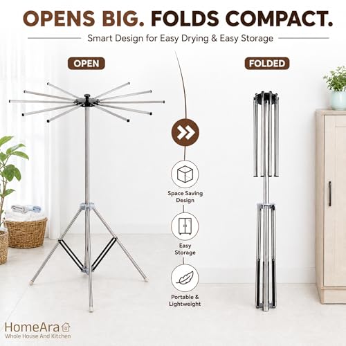 Image of Foldable Umbrella Style 4-Leg Clothes Drying Stand | 10 Rod Stainless Steel Laundry Dryer Rack | Space Saving Portable Heavy Duty Rust Resistant Cloth Drying Stand for Indoor & Outdoor Use