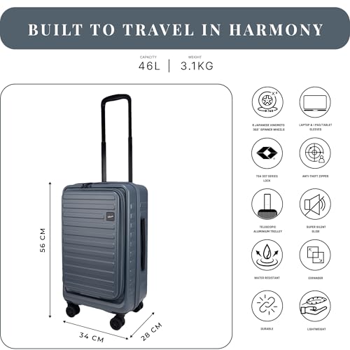Image of F Gear Windsor Front-Opening Small Trunk-Style Hard Luggage |Hinomoto Wheels, German Makrolon Polycarbonate, Cabin Suitcase for Travel| Laptop sleeve, Expandable & Anti-Theft Zipper (Stone Blue, 56cm)