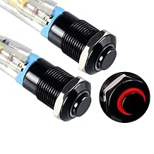 2pcs 12mm Micro Metal Latching Push Button Switch Raised Head Waterproof Anti-Vandal Self-Locking Black Shell with Wires for 1/2" Mounting Hole 12V-24V ON Off 4-Pin 1NO Halo Ring LED Light Red