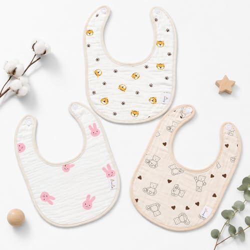 Image of BabyGo Muslin Bib Set of 3 Ultra-Soft & Absorbent Bibs with Adjustable Snap Buttons | Breathable | 6 Layer Waterproof Backing for Drooling | Teething & Feeding | 0-24 Months | MultiColor (Pack of 3)