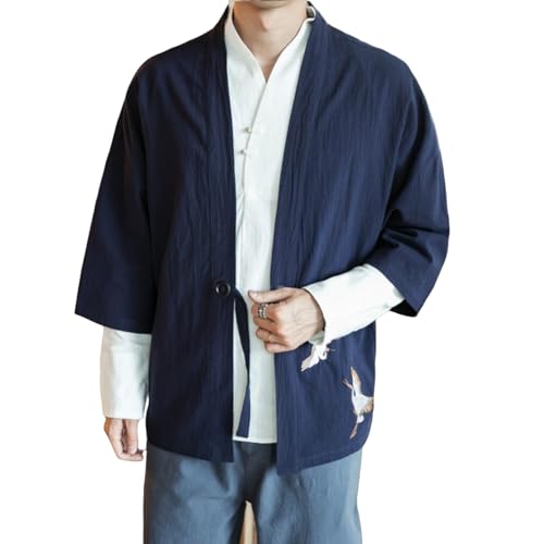 Men's Vintage Kimono Cardigan Cotton Linen Wrap Front Japanese Jinbei Haori Jacket Loose Fit Solid Color2
