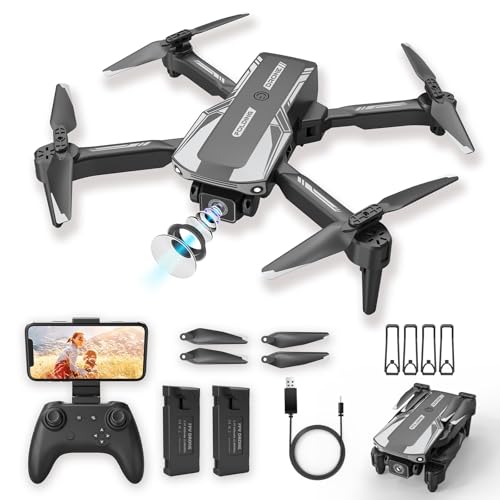 Drones For Kids Beginners – Foldable HD 1080P Drone with Camera,Wifi Remote Control And 2 Batteries, RC Quadcopter with Gestures Selfie,One Key Start,360° Flips,Full Guards,Headless Mode,Boys Toys/Gifts(Charcoal)