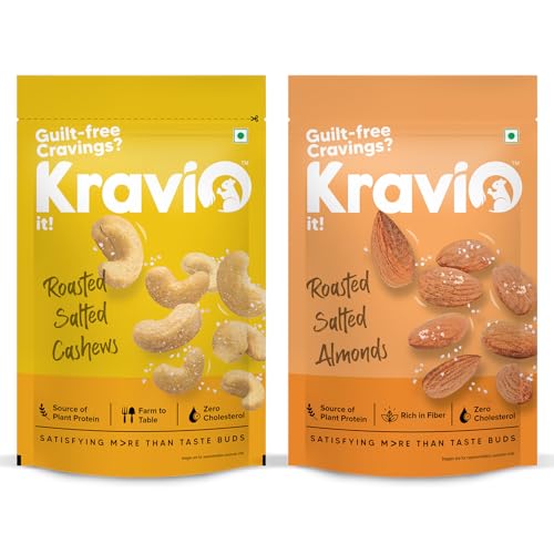 Image of Kravio Premium Roasted Salted Cashew & Almond Nuts (2 X 200g) | Zero Cholesterol Natural Whole Kaju & California Badam Nuts & Dry Fruits | Rich in Protein, Roasted Crunchy Delicious Healthy Snacks