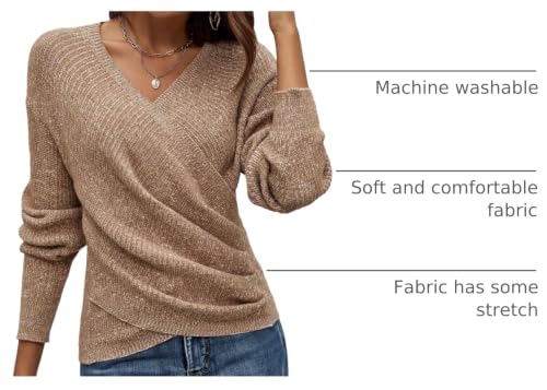 Image of SOLY HUX Women's V Neck Long Sleeve Off Shoulder Sweaters Criss Cross Wrap Ruched Pullover Fall Tops