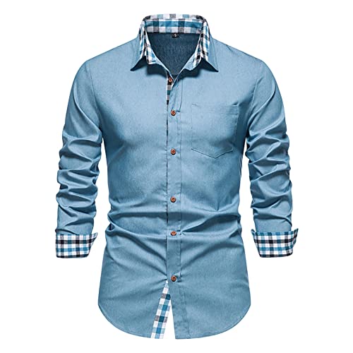 Men's Casual Long-Sleeved Denim Shirt Dress Button Down Shirts Denim Work Shirt Dress Shirt Plaid Collar Shirt
