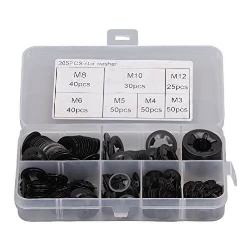 285Pcs Black Starlock Washer, Manganese Steel Internal Tooth Lock Fastener M3 M4 M5 M6 M8 M10 M12 Set Kit for Automobile Manufacturing