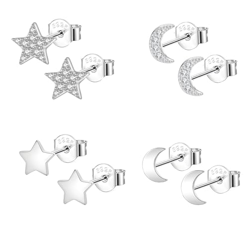 Epoch World 4 Pares Pendientes de Plata de Ley 925 con Circonitas Cúbicas: Pendientes Estrella Luna, Aretes de Mujer y Niña