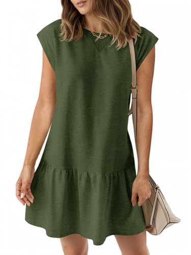 Wenrine Womens Summer T Shirt Dress Casual Short Cap Sleeve Ruffle Hem Crewneck Loose Mini Dresses Army Green