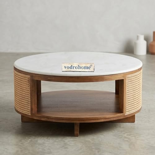 Image of Cane Solid Wood Coffee Table with Marble top- Rattan Round Centre Table with Storage - Ideal Tea Table for Living Rooms C#040