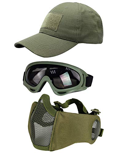 Hodeacc Lot de 3 masques tactiques pour airsoft,casquette de baseball,demi-masque réglable en maille avec protection des oreilles, ,chapeau de protection des yeux pour extérieur Airsoft/BB/CS