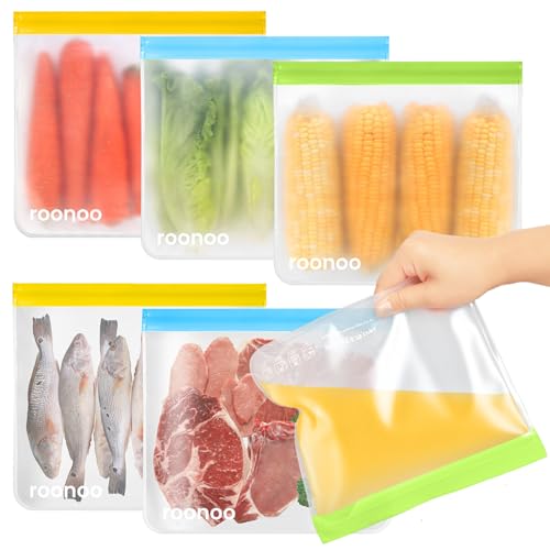 roonoo 6 Pack Dishwasher Safe Reusable Gallon Freezer Bags, Food Storage Bags, Extra Thick Leakproof Silicone & Plastic Free Ziplock Bags for Meal Prep, Fruits, Sandwich, Snack, Travel Items