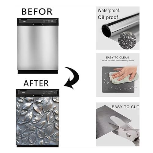 Image of BVBOX Dishwasher Magnet Cover 23 inchx26 inch, Reusable Magnetic Refrigerator Covers, Dishwasher Magnets Decorative Cover Fridge Door Skin Panel Stickers for Home Kitchen Appliance,Metal Embossed Leaves