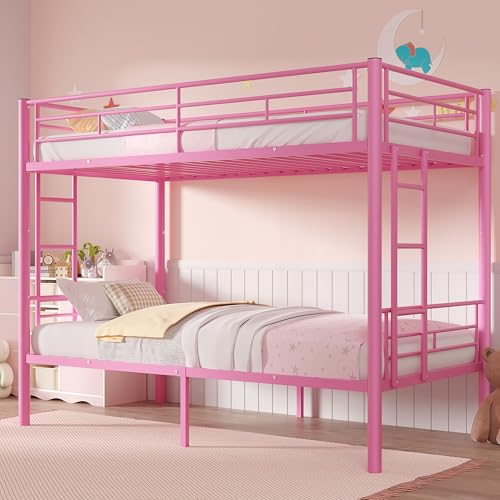 VECELO Bunk Bed Twin Over Twin Metal Bunkbeds with Ladder and Full-Length Guardrail No Box Spring Needed Space Saving Noise Free Light Pink