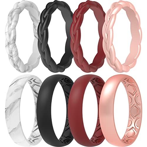 ThunderFit Silicone Wedding Bands for Women, Breathable Eternity and Thin Braided 8 Mixed Rubber Engagement Rings