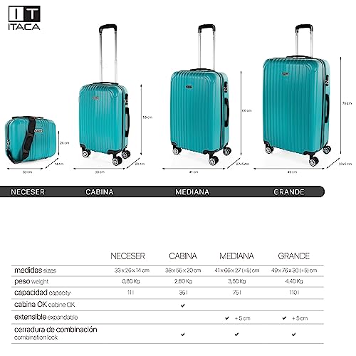 Image of ITACA Juego Maletas de Viaje 4 Ruedas Trolley ABS. Extensibles Rigidas Resistentes y Ligeras. Mango Asas Candado. Pequena Cabina Low Cost, Mediana y Grande y neceser. T71500, Verde Menta, L + XS
