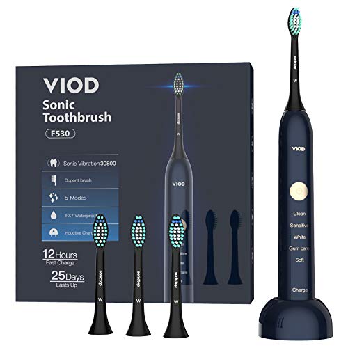 VIOD Sonic Electric Toothbrush Rechargeable Toothbrush for Adults Clean Teeth Whitening,4 Brush Heads,5 Modes Rechargeable,2 Mins Smart Timer-Dark Blue