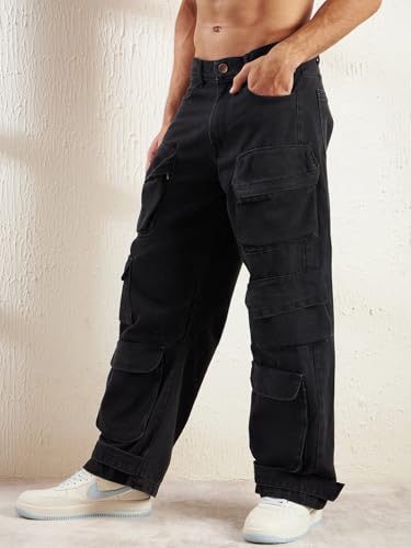 Image of FUGAZEE Black Super Baggy Cargo Denim Jeans for Men | 100% Cotton Non-Stretch Fabric | Oversized Fit | Cargo Pockets | Button & Zip Closure | Streetwear Utility Pants