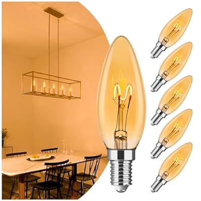 AMDTU E12 Candelabra Light Bulbs 20W 25W Replacement, Super Thin Filament E12 LED Light Bulbs Dimmable, Chandelier Candle Light Bulb 2000K Soft Warm, Amber Candelabra Type B Lightbulb 2W, 120V 6pack