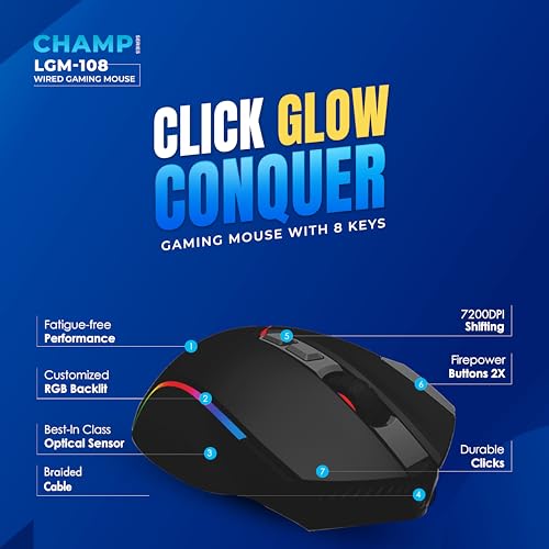 Image of LAPCARE Champ LGM-108 Gaming Mouse, 8 Buttons, 6 Customizable DPI Levels Upto 7200 DPI, 7 Circular & Breathing LED Light, Wired Mouse (Black)