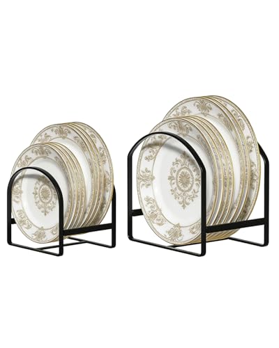 LINFIDITE 2 Pack Kitchen Plate Holder Organizer for Cabinet Space Saver Dinner Plate Storage Rack Upright Dish Drying Racks Metal Dish Stand for Cupboard Countertop Rustproof Black (1 Large 1 Small)