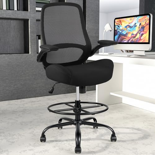 Image of HYLONE 400lbs Big and Tall Heavy Duty Drafting Chair 5 inch Thickened Seat Tall Office Chair Flip-Up Armrests Ergonomic Chair with Lumbar Support and Adjustable Footrest Ring Standing Desk Chair (Black)