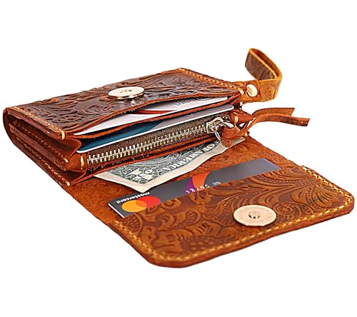 Toros Craft Handmade Leather Wallets for Women, Western Wristlet Wallets, Floral Leather Small Credit Card Holder with Zipper, Minimalist & Cute Coin Pouch, Genuine Leather, Camel