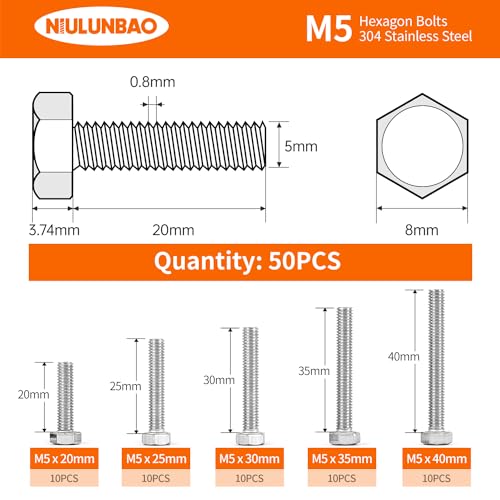 Image of M5 x 20mm 25mm 30mm 35mm 40mm Heavy Duty Hexagon Bolts Hex Head Screws, 304 Stainless Steel, Metric Fully Thread, Machine, Bright Finish, Assortment Kit 50PCS