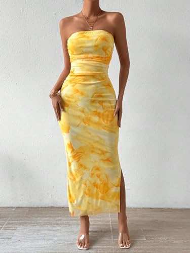 Image of GORGLITTER Women's Floral Strapless Bodycon Wedding Guest Dress Vacation Summer Birthday Tropical Maxi Long Sun Dresses