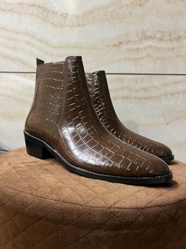 Image of LOZANO Premium Croco Texture Chelsea Leather Boots for Men | High Ankle Cuban Heel Round Toe Zip Closure Cushioned Insole Boot