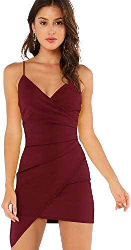Verdusa Women's Sexy Ruched Side Asymmetrical V Neck Bodycon Cami Dress Burgundy S