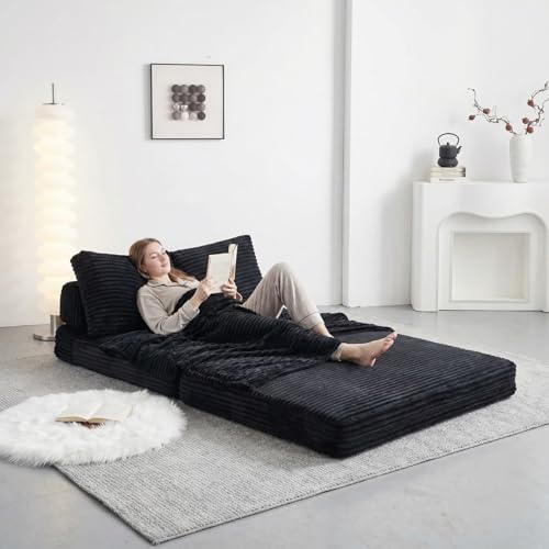 EURHCIO Petit Canapé 2 Places,Canapé Lit Convertible,Tissu en Velours Côtelé,2 Coussins,Design Pliable,Aucun Montage Requis,pour Salon,Chambre,Bureau,140x100x85cm (Noir-F)