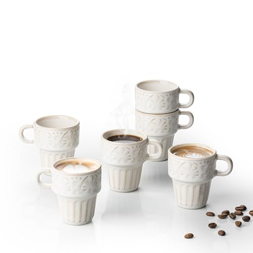 3.3 OZ Coffee Mugs, Ceramic Coffee Mug, Espresso Cups, Stackable Mug, Mug Set of 6, Coffee Cups for Tea Cocoa Cappuccino - Office Party Gathering, Great Gift for Birthday Housewarming Wedding, Beige