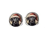 Holiday Black Labrador Retriever with Santa Hat - Handmade ROUND Glass Metal Cuff LInks Cufflinks Gift for Him Dad (Silver Plated)