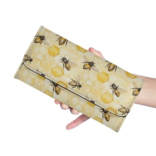 Image of AFPANQZ Cute Bee Hive Honey Long Clutch for Ladies Girls Large Luxury Women's RFID Blocking Tri-fold Leather Wallet Zipper Travel Purse Big Capacity Phone Holder Coin Zip Pocket Multi Cards, Yellow