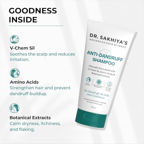 Image of Dr. Sakhiya's Anti-Dandruff Shampoo with V-Chem Sil & Amino Acids (120ml) - Dermatologist Formulated for Itchy Scalp Relief | Paraben-Free | Contains Botanical Extracts | For Men & Women (Pack of 1)